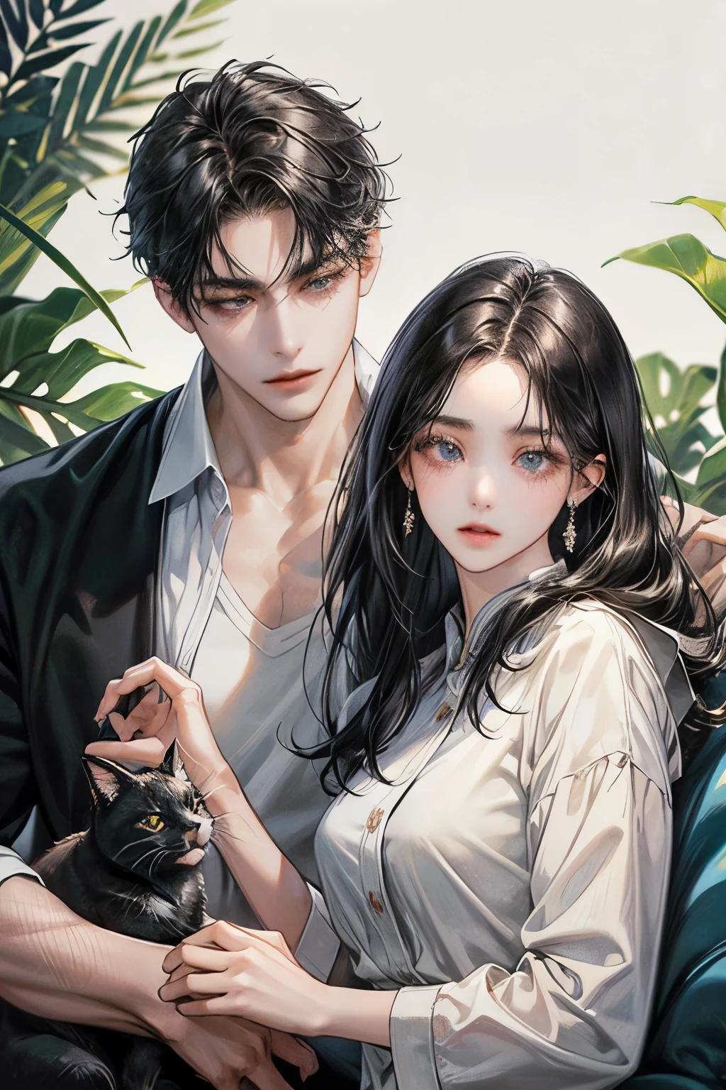 black hair, high resolution, Masterpiece, details, detailsสูง, โมเดลhigh resolution, simple background, college student couple,Play with cats, blact cat, black hair, long hair woman, Men with short hair, พื้นหลังเรียบง่าย,