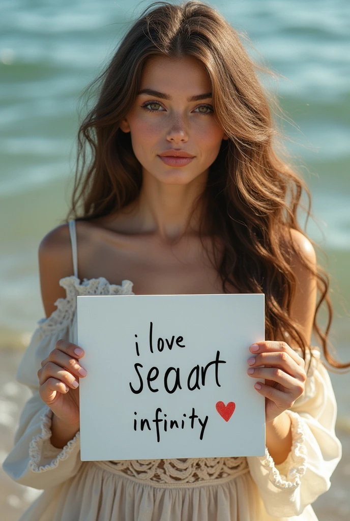 Beautiful girl with wavy long hair, bohemian dress, holding a white board with text "I Love Seaart Infinity" and showing it to the viewer