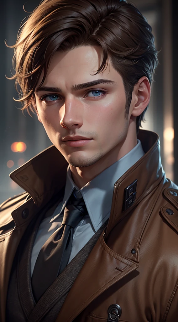 a young man, extremely detailed facial features, short brown hair, close-up portrait, detailed eyes, blue eyes, detailed nose and lips, handsome, trenchcoat, 4k, best quality, masterpiece, photorealistic, cinematic lighting, dramatic lighting, cinematic style