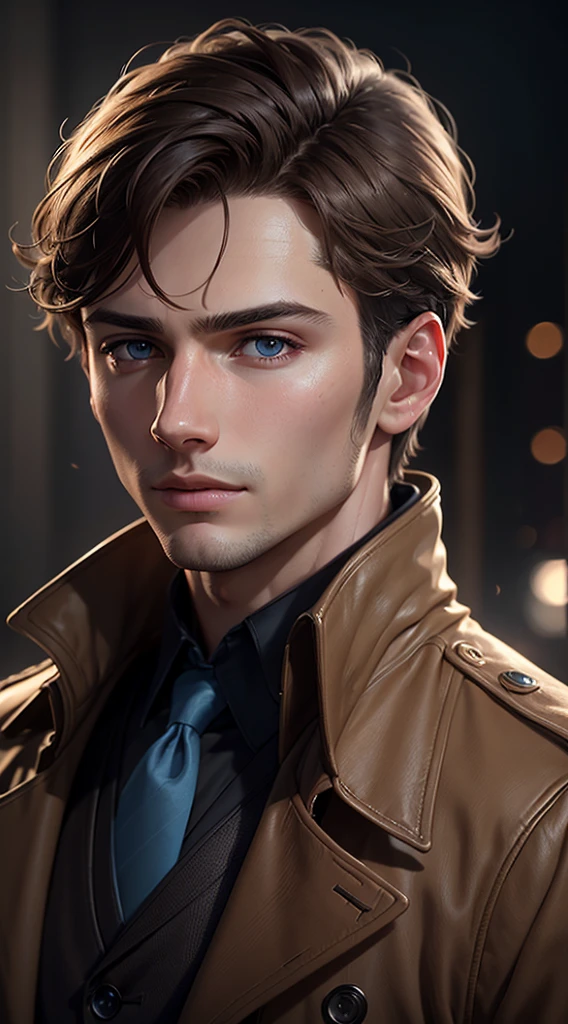 a young man, extremely detailed facial features, short brown hair, close-up portrait, detailed eyes, blue eyes, detailed nose and lips, handsome, trenchcoat, 4k, best quality, masterpiece, photorealistic, cinematic lighting, dramatic lighting, cinematic style