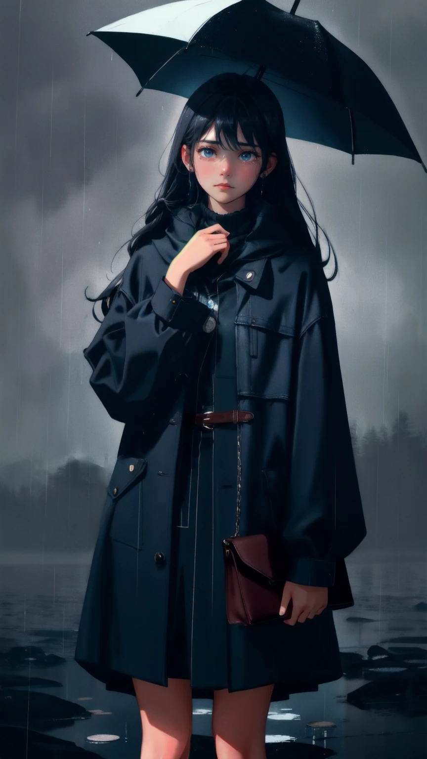 A beautiful girl with a tearful, fearful expression, standing alone in a dark blue, rainy landscape. The words 'Weak Hands Shakeout' are faintly visible in the misty rain around her. She clutches a small purse tightly to her chest, her clothes slightly tattered as she faces the harsh elements. Surrounding her are faint images of floating coins and fading financial symbols, adding to the atmosphere of despair and uncertainty