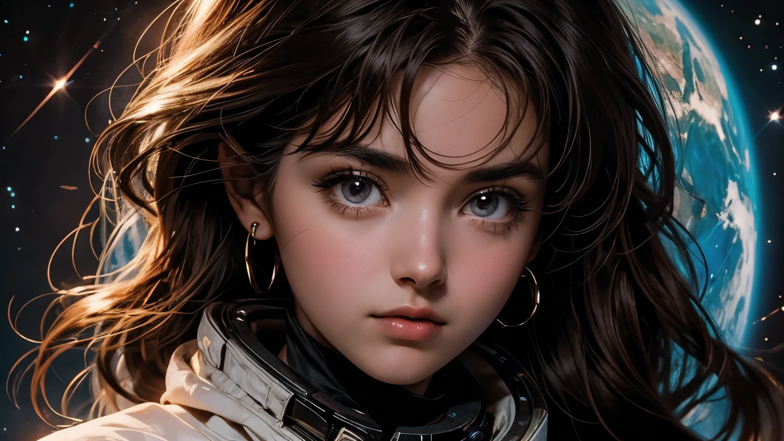 A beautiful woman. Dark brown hair. Twenty years old. She is looking at the camera with a serious expression. An image of outer space and four-dimensional space-time in the space behind her.