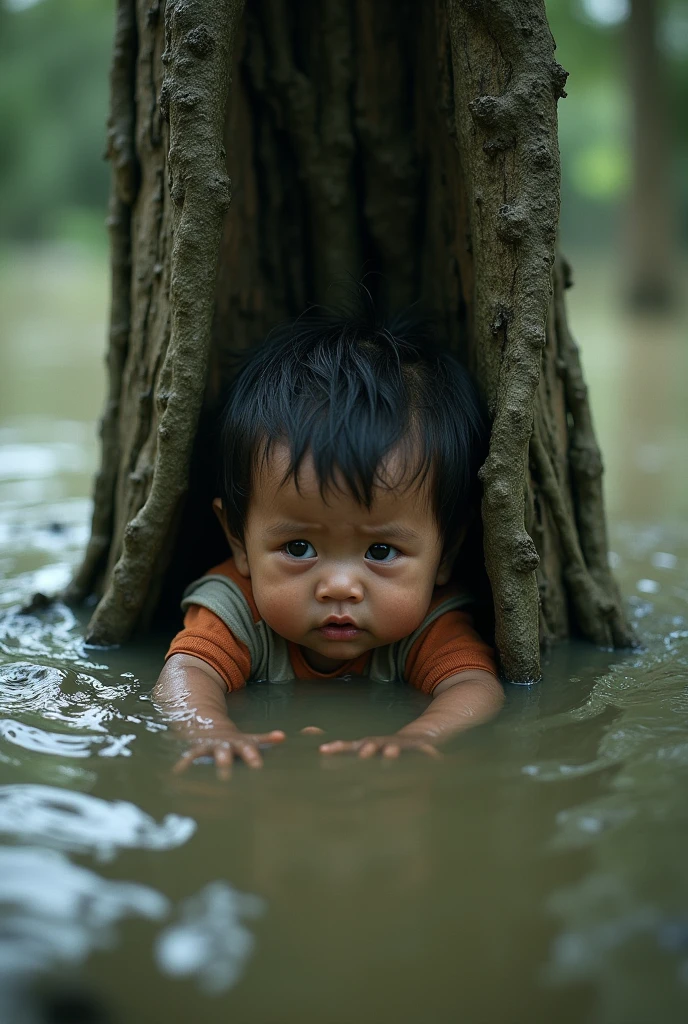 A li
ttle cute baby in water of flood in bd