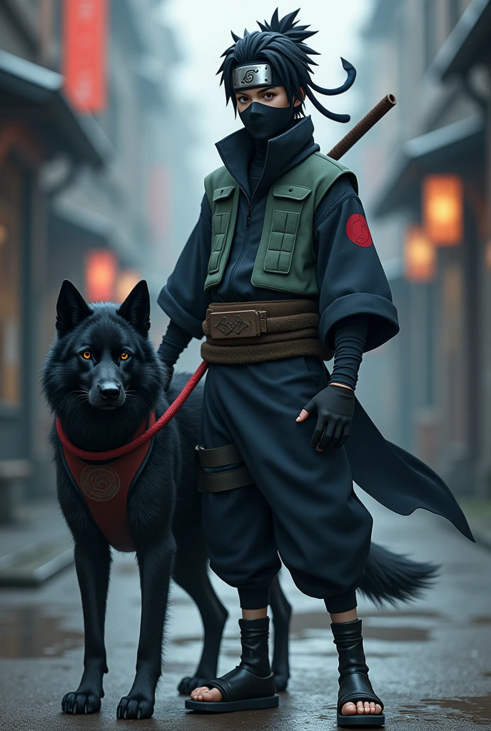 Ninja with Kakasi Headband Holding A Black Husky 