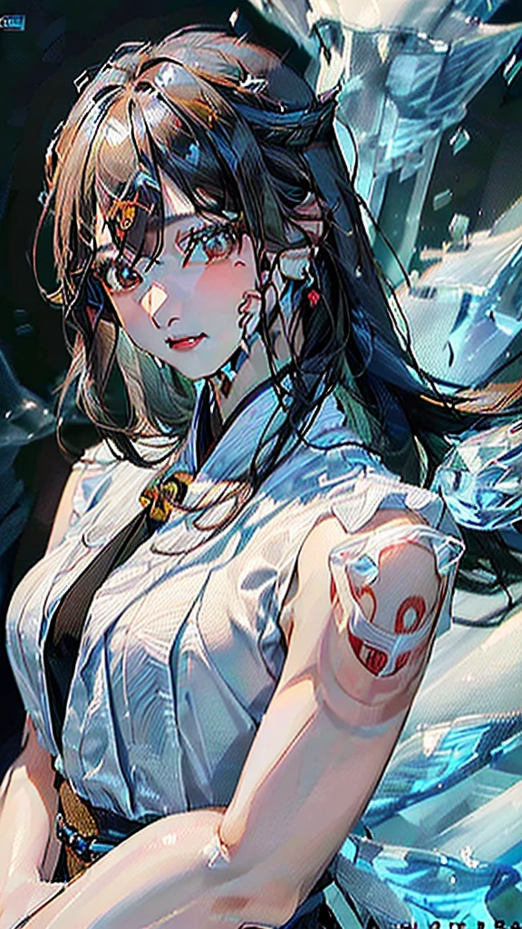 (((masterpiece, High resolution, accurate, Anatomically correct, most high quality, Very detailed, high quality, Ultra high definition:1.5))), Big Tits, Earrings, Sparkling eyes, moving line, Speed Line, mage,sexy pose,(((upper body,one woman,master of ice,氷の城 :1.5))),smile,Different world,another world