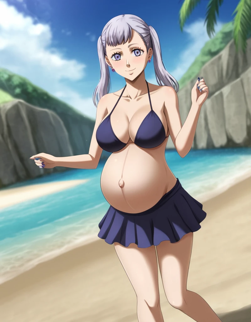 noelle_blackclover, Noelle Silva, Black Clover, long silver hair, waist-length hair, half-up half-down hairstyle, ribbon, side-parted bangs, almond-shaped blue eyes, high-quality, ultra-detailed, beast quality, 8K resolution,
looking at viewer, dutch angle, cowboy shot, smile, pregnant belly, large belly, big belly, big Breasts, belly button, Earrings, Mini skirt, bikini,
1girl,solo, indoors, beach, happy, Smiling, rub belly, Posing as a model,
full body, Nail polish,