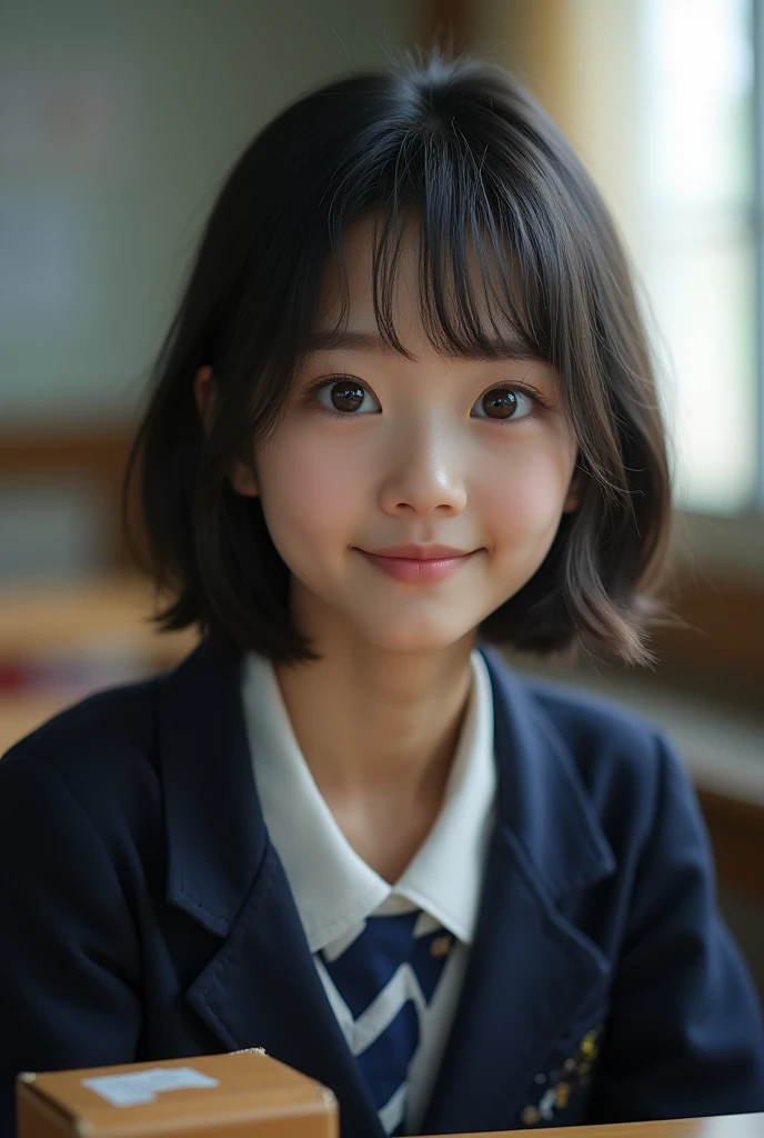 Highest quality, Face Focus, Soft Light, Ultra-high resolution, (Realistic:1.4), RAW Photos, 1 Japan, alone, cute, (A shy smile:0.5), (Brown eyes, Light in your eyes), Beautiful face in every detail, (Small box),(High resolution detail of human skin texture), (Short Bob Hair), break, In the classroom,Navy uniform, Best, skirt