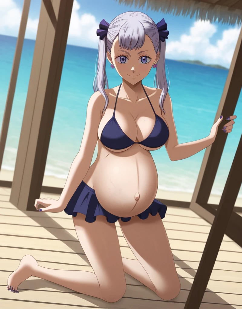 noelle_blackclover, Noelle Silva, Black Clover, long silver hair, waist-length hair, half-up half-down hairstyle, ribbon, side-parted bangs, almond-shaped blue eyes, high-quality, ultra-detailed, beast quality, 8K resolution,
looking at viewer, dutch angle, cowboy shot, smile, pregnant belly, large belly, big belly, big Breasts, belly button, Earrings, Mini skirt, bikini,
1girl,solo, indoors, beach, happy, Smiling, rub belly, Posing as a model,
full body, Nail polish,