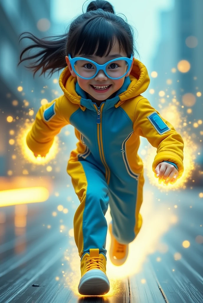 Chinese girl average  wear jumpa shuit high tech(( blue yellow)). Running effect. Glowing yellow power. Runfast effect. Wear blue big glasses big frame. Braces teeth. Boleh background. Panning effect.