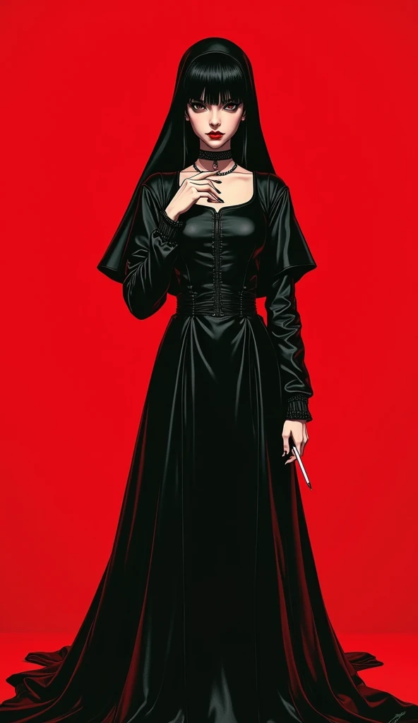 80s style anime girl. Dressed as a dominatrix nun, Smoking a cigarette, dressed in leather, strings on seam of dress, illust, directed by Junji Ito、Analog style, vhs style, chromatic aberration, Dvd screengrab, ahort bangs, solid red background white skin, wearing long train