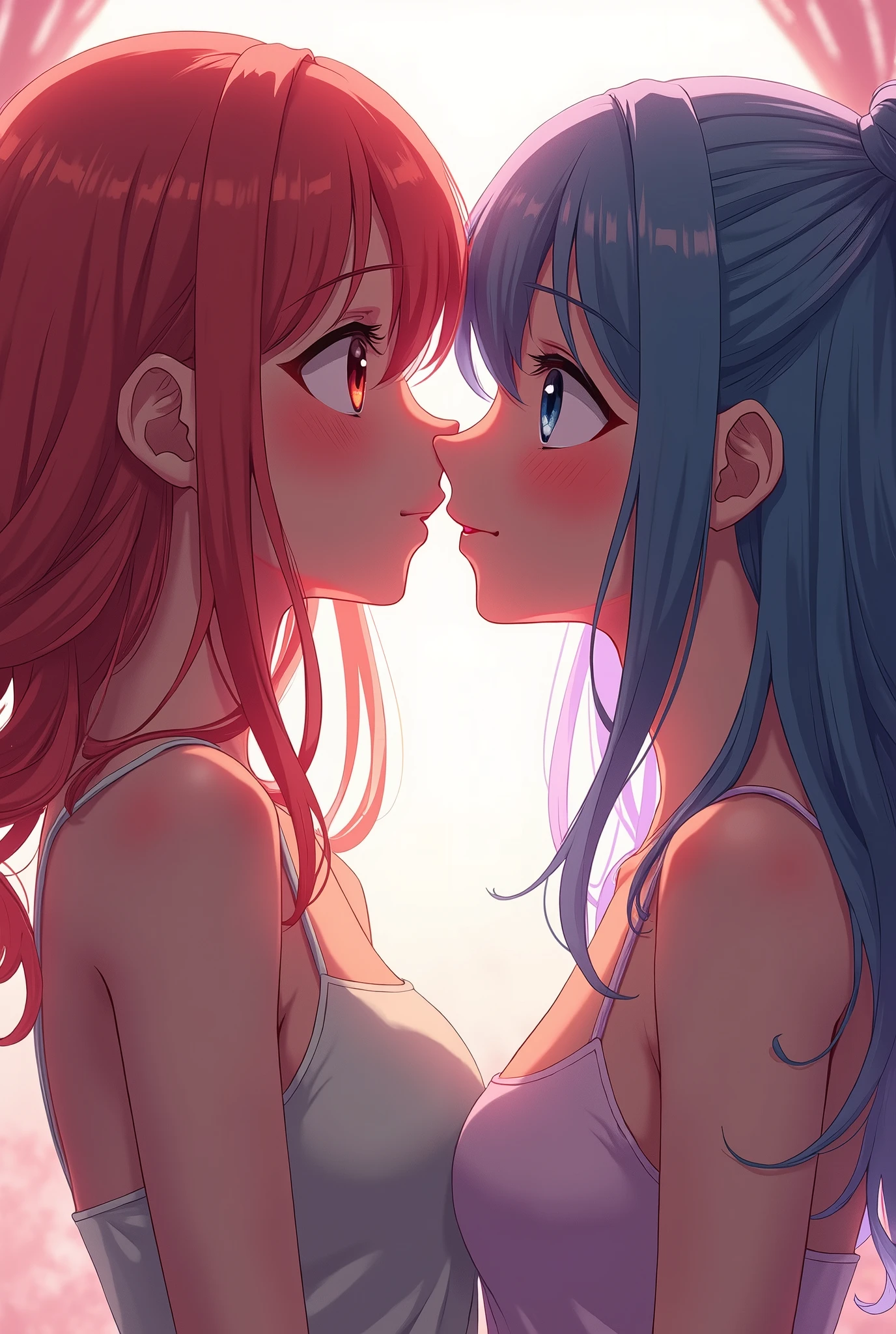 Masterpiece ,Top image quality,hight resolution,imagem 4k,Raw photo,Photorealsitic,extremely beautiful 2 hi-school girl kissing each other, friends, naughty face, blushing , extremely beautiful lesbian deep kiss, holding each other on the bed, stare each other closely, completely naked, breasts and nipples, perfect small breasts, red cheek, deep blue eyes color , top less , colorful hair, naked, full body