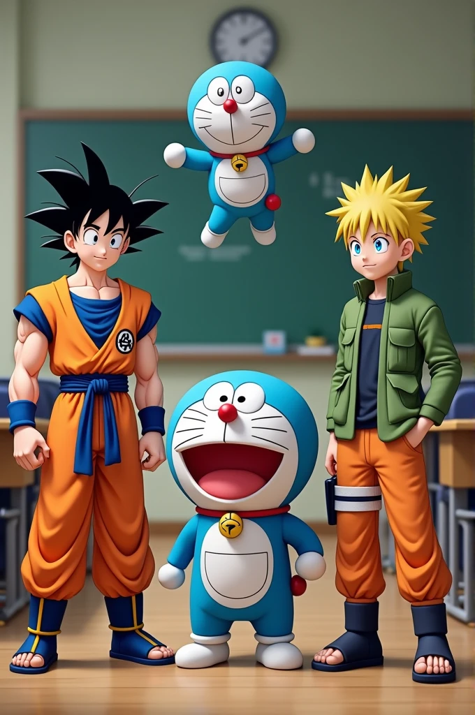 Son Goku, naruto, kuroko, Doraemon lined up in front of class 11 D , realistic, 4D, HD