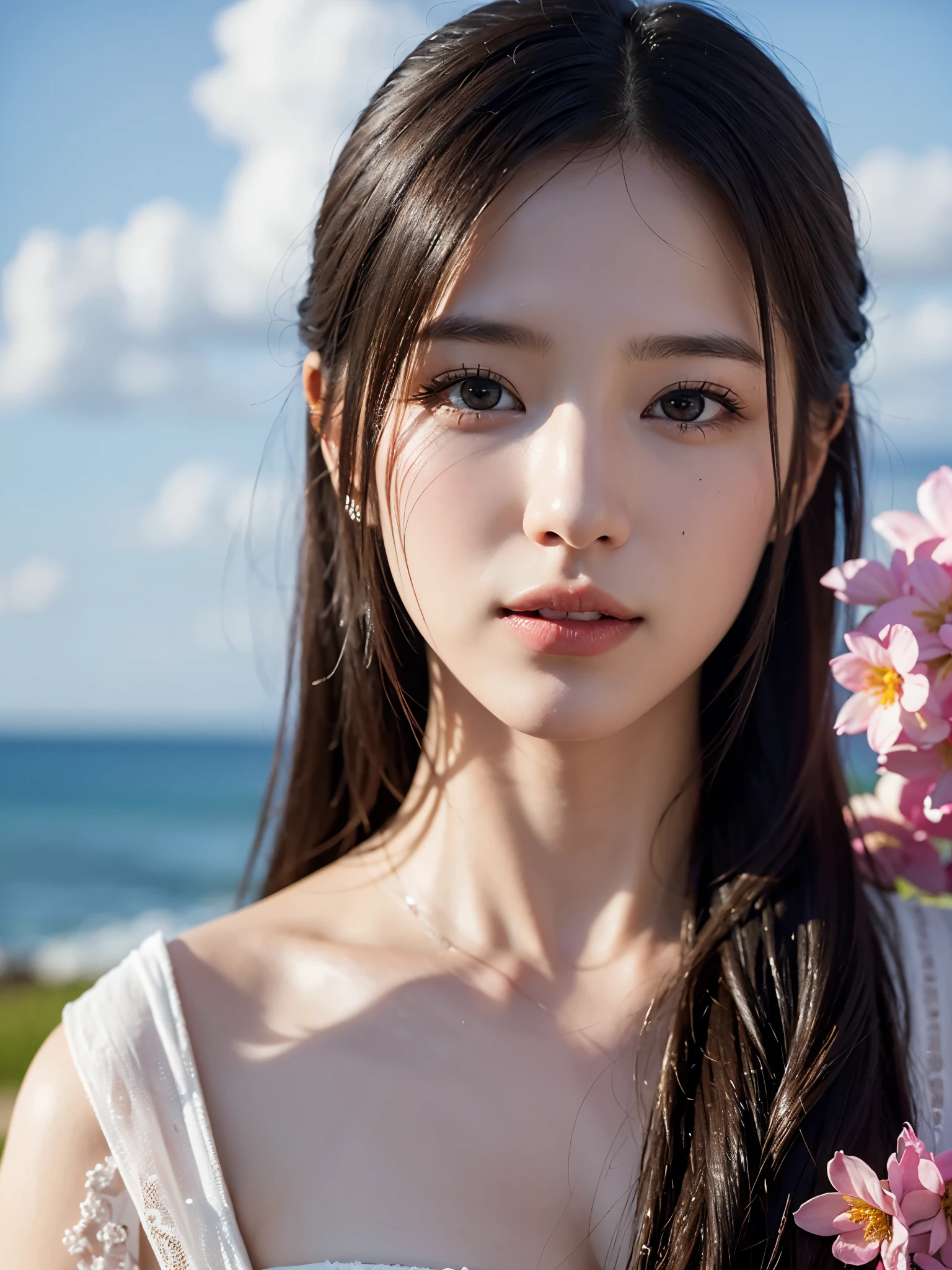 ((pure beauty:0.8, ultra-realistic:1.2)), caucasian flesh:1.2, bright eyes:1.1), light contrast and hue:1.1, high surface:1.1, image quality:ultra hd:1, portrait, high nose bridge, dynamic angle, clouds and sea, field of flowers in the foreground, light tracking, lifelike, informal art, unity 8k, masterpiece,best quality, gleaming skin, cinmatic lighting,