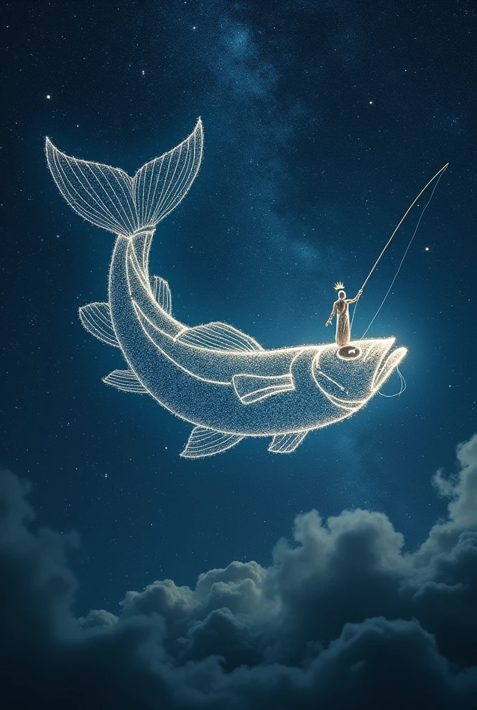 (RAW photo, realistic photo, high quality, masterpiece), sky photo, Starry Sky, stars in the sky,  Starry Sky form the outline of big fish in the sky, god is on the big fish and fishing the big fish in the sky