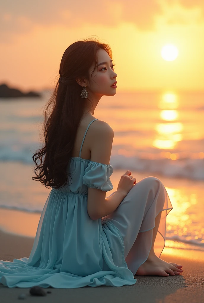A beautiful asian girl with long and curly brown hair and hazel green eyes, wearing a light blue dress without any shoes, sitting on the shore watching the sunset.