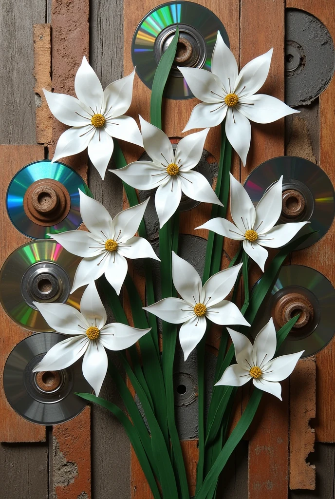 Craftwork made from soda cans into white Onin plant flowers with 6 long, slender petals and many flowers with dark-colored stamens. The background is made from tire inner tubes cut into strips and arranged on a wooden board. The interior and background are made from tire inner tubes alternating with broken CDs.
