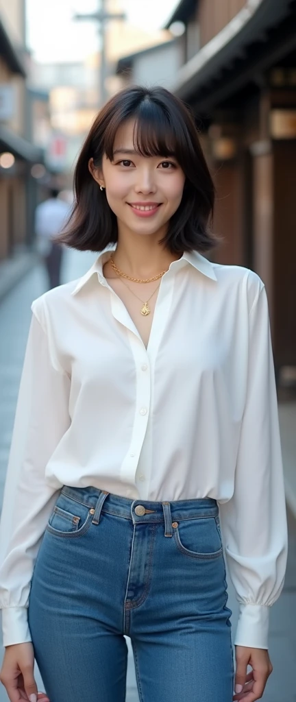 From view, Full body, Young Japanese, girl 1 girl 24 yeas-old, (Middle hair, dark brown hair, fringe, Thin outer eyebrows, natural make, little smile), (gold ring earring, gold neckless),( middle breasts, slender whist, middle hip), (white blouse,blue denim ), running shoes ,on street ,in Kyoto, (masterpiece, highest quality, High resolution, Photo realistic, sharp, RAW Photos, 8k wallpaper, perfection, Professional Lighting, Very detailed)