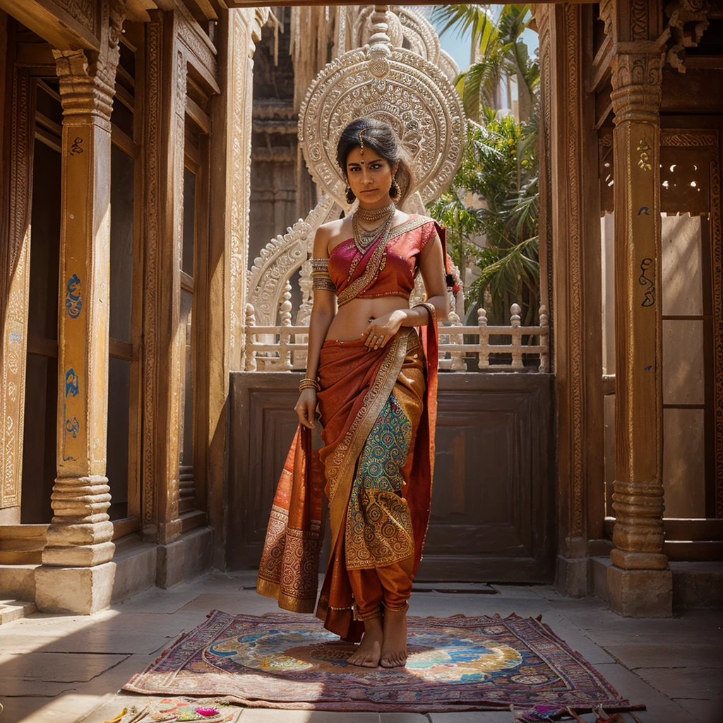 create a hyper realistic painting canvas. This portrait must contain a temple,  a hindu temple of prayers, rich in detail, with a woman wearing a sari, typical indian costumes. strong colors, lives, energy. mandalas.