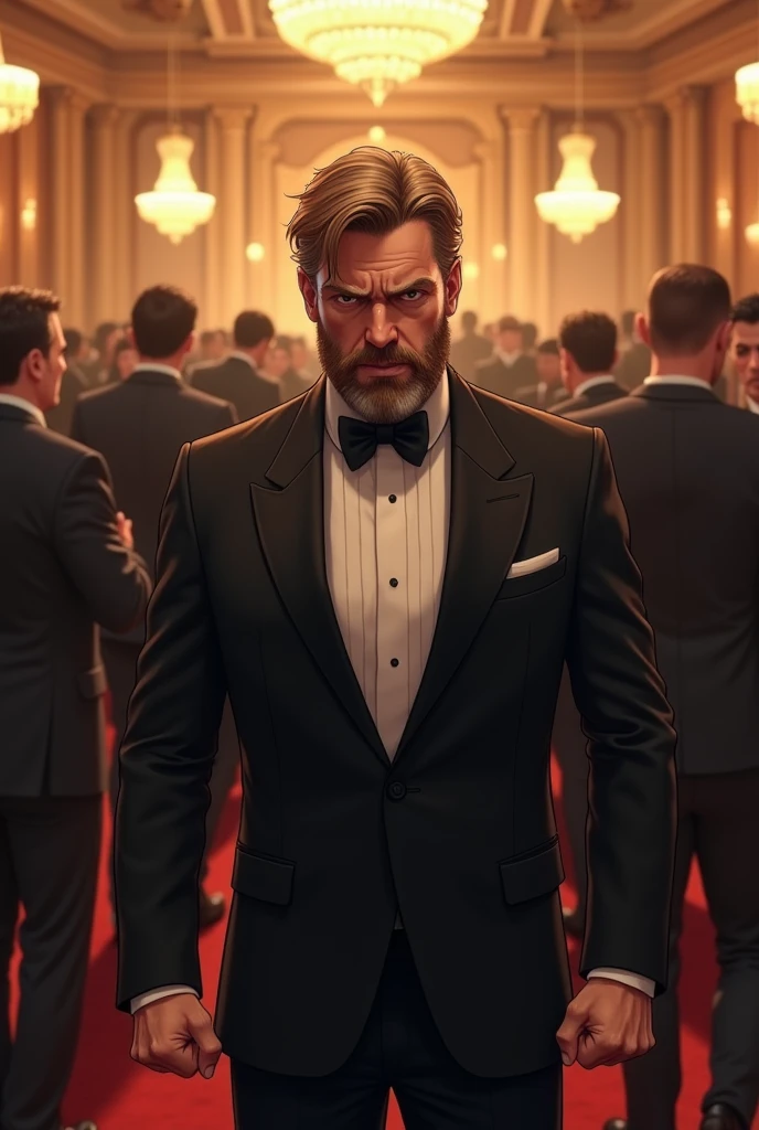 A fifty years aged man with light brown hair and fair complexion having beared in his face wearing a black suit . He has angry face. H is standing on a ball room filled with people.