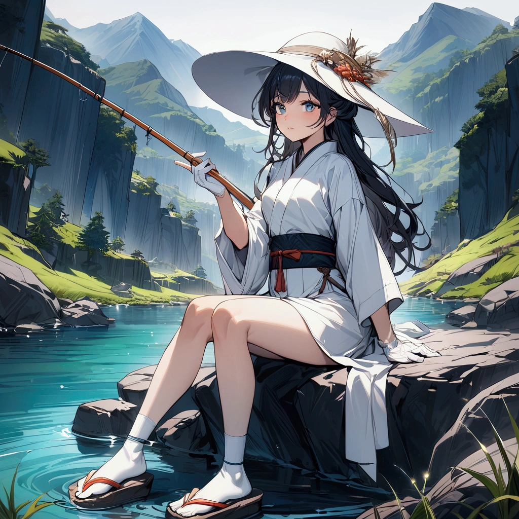wide angle,{{masterpiece}}, {{{Highest quality}}},{{Very detailed}},Woman sitting on a rock and fishing,A young Chinese-looking female hermit fishing deep in the mountains,White attire, miniskirt,WHITE glove,carefree expression,Chinese sandals,white socks,white hat,{{beautiful eyes ,high definition eyes,beautiful eyes}},Thick Kimono Belt