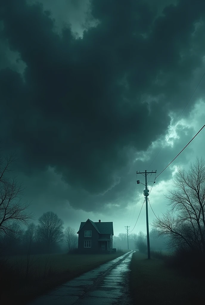 Close up of a dark and cloudy sky with strong wind above a house in the suburbs, nightmare 