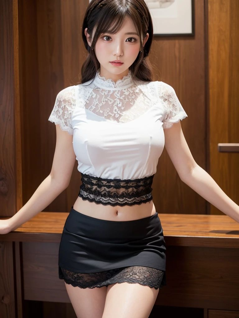 (Big Breasts)、(Tight short-sleeved lace blouse)、(Lace mini skirt:1.5)、Braid、My belly is visible