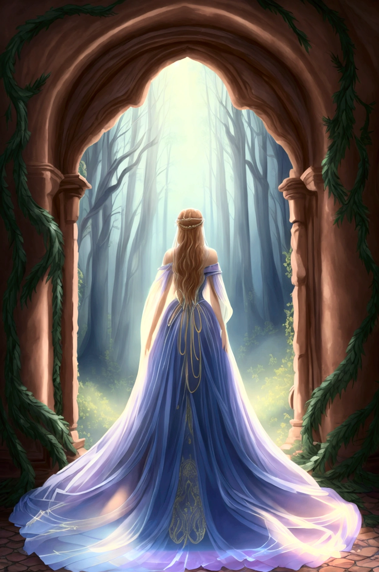 A man steps through a magical mirror and into a realm where he finds a woman dressed in an elegant, flowing gown that seems to shimmer with its own light. Her attire is reminiscent of a fairytale princess, yet there’s a mysterious allure in her eyes as she reaches out to him, inviting him deeper into the dreamlike world.