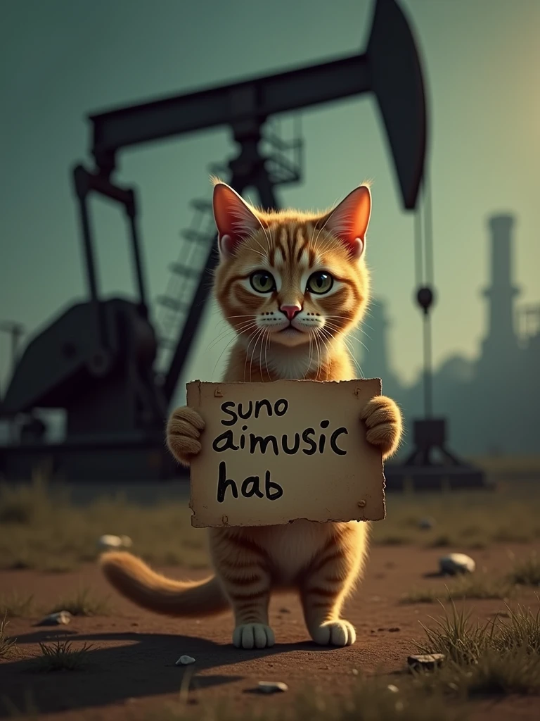 cat holds a sign that says "suno aimusic hab" and pumpjin
