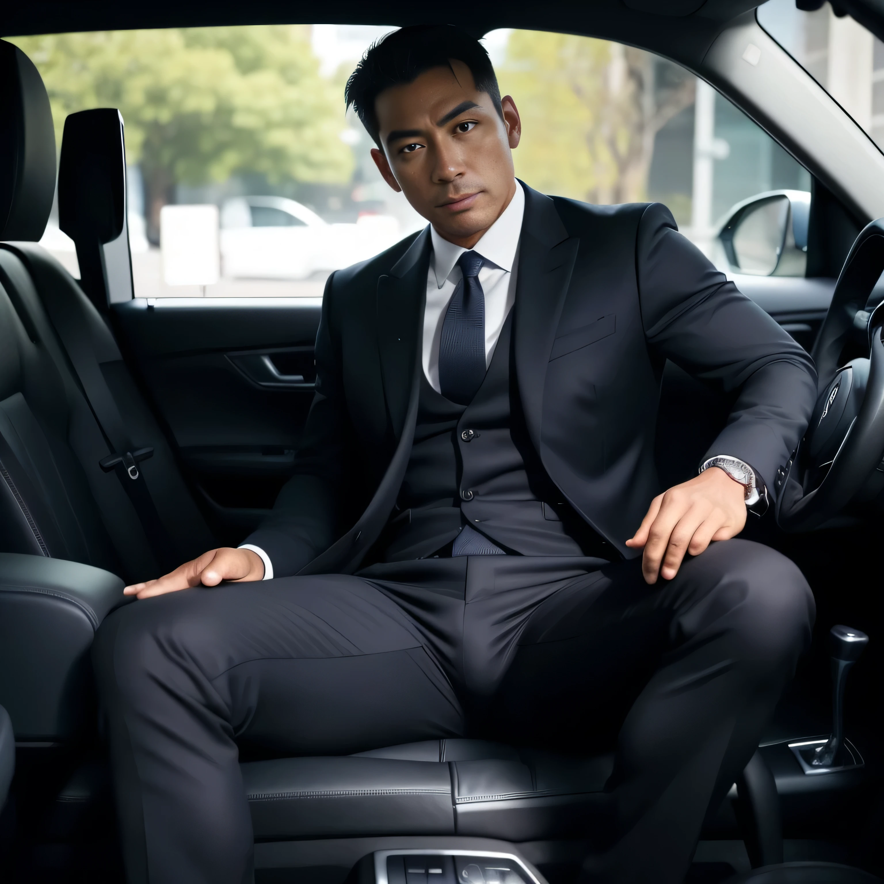 50 years old,One Man,Black Suit,Inside the car、squat、Tall dark-skinned man、Dark Asian face,muscle,Gay ,7:3 parting / all back,Stubble、Sitting with legs open、The crotch area is bulging、Stubble,Asian man&#39;s face,Hermes Belt。Black socks、View from the front