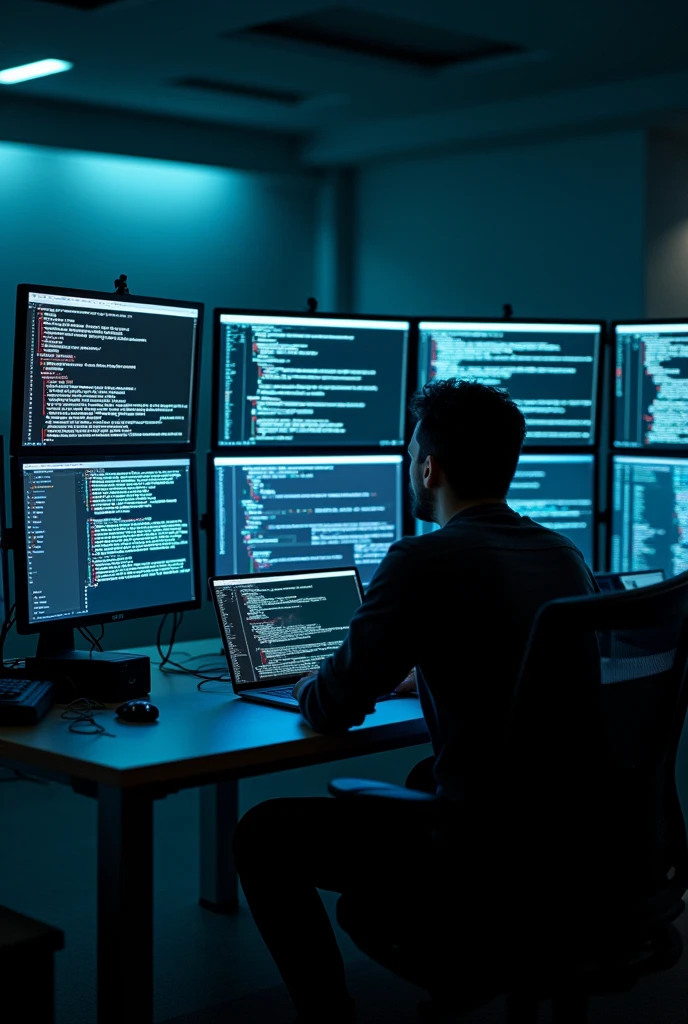 Epic super realistic photography, of a computer and screens with images of hacker programming On the computer this paragraph is written as if they were programs, "Meydi Marisol account are you sure you want to hack it there are also WhatsApp options"
