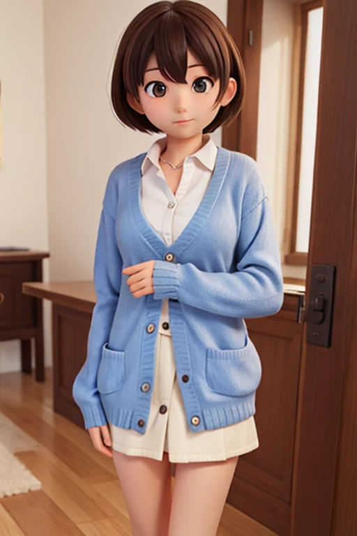 (SFW:2), photorealistic, realistic photo, ((highest quality)), ((masterpiece)), ((extremely detailed)), kukolnydom, doll, (mature woman, 21yo, 21 years old:1.6), solo, ((cowboy shot, dynamic pose, skinny, slender, slim)), green eyes, light smile, parted lips, (brown hair, looking at viewer, blank stare, empty eyes, detailed eyes, detailed face:1.3), cardigan, blouse, ascot, pleated skirt, pantyhose, museum, 8k