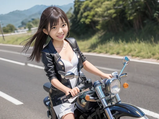 Japanese female, (underweight), (flat chest best quality:1.5), 30 years old, (cheerful grin:1.3),
ocean, road, (female rider), (american cruiser motorcycle), (riding american cruiser motorcycle), (body conscious dress), american, full body shot, (low angle shot), motion blur:1.4