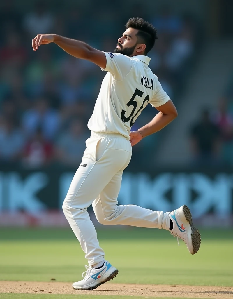 Cricket player Virat Kohli bowling with his back and wearing white sneakers and blue jersey with INDIA written on the back,drop shadow, anaglyph, stereogram, tachi-e, ass pov, atmospheric perspective, 8k, super detail, best quality