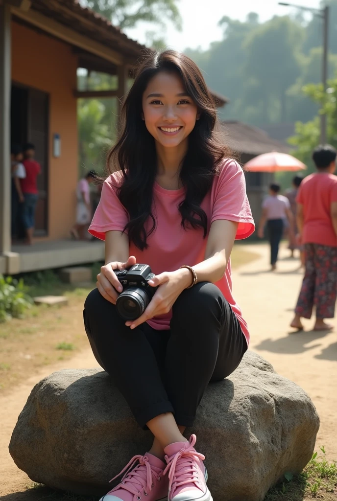 Beautiful Indonesian woman, white skin, long wavy hair, wearing a pink t-shirt, long black sports pants, wearing pink sneakers, smiling face, sitting on a rock, holding a cannon camera in her hand, on the front porch of a village house, crowded with people, minimally disabled, very detailed, realistic