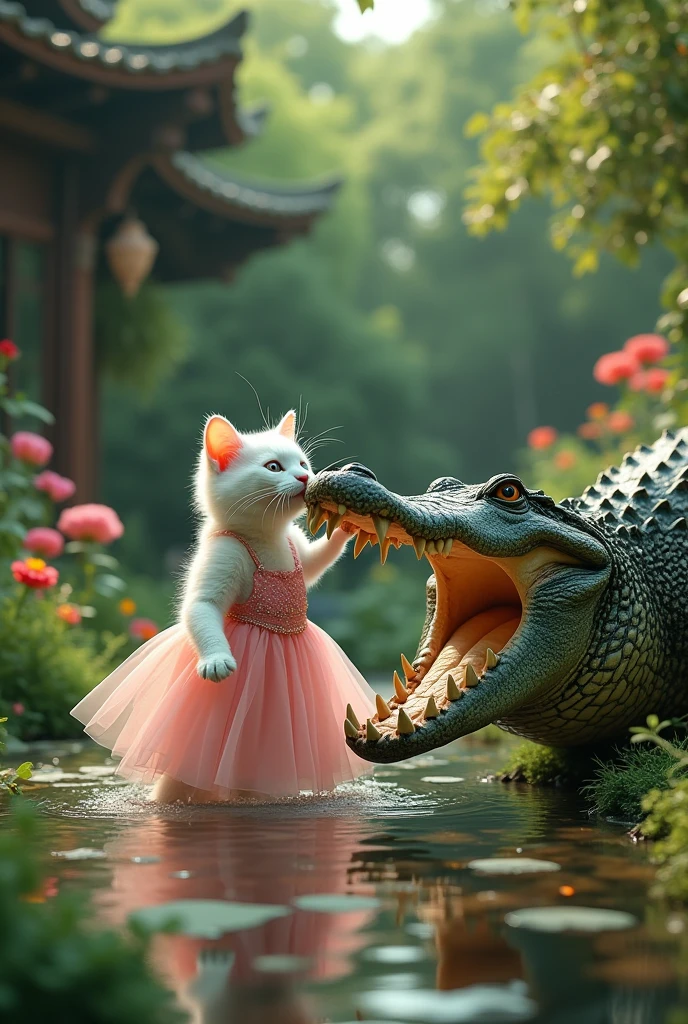 Crocodile attacks the white beautiful cat in pink dress in beautiful garden 