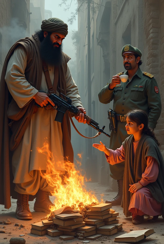 One barbaric and angry armed Taliban is burning a pile of books from which fire and smoke is arising, an Afghan Girl is crying over the books but another barbaric and angry Taliban is beating , and a happy Pakistani army General is laughing while holding a cup of tea while seeing the burning books