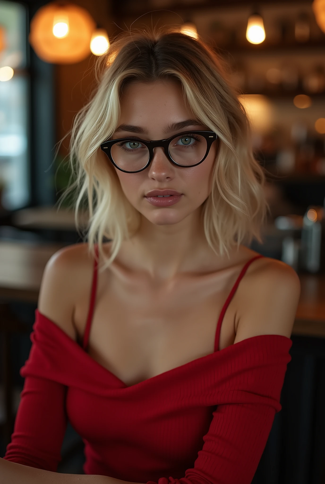 create an influencer,blonde hair,Scandinavian,light eyes,light brown skin, spotty, girl next door,Natural photo, spontaneous photo, 55 mm linse, Background also sharp, further away from the camera ,elegant posture,full body picture,in a cafe.with nerd glasses,red top,more revealing,off shoulders,in a bar, at night,