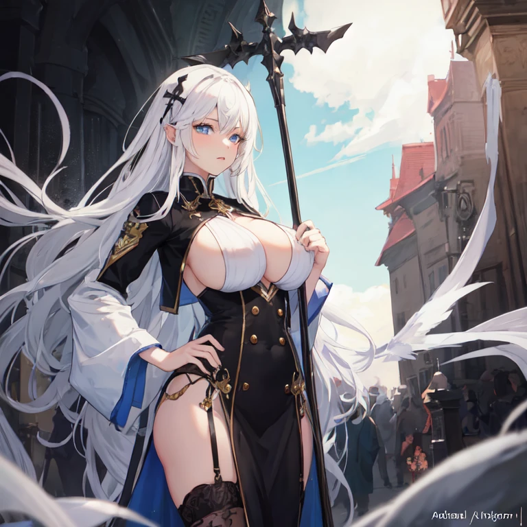 Very beautiful mature milf necromancer priest with white hair,blue eyes,big breasted and with a staff in her clothes