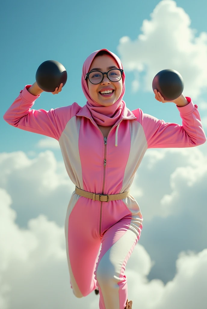 masterpiece .Real Malay girl wear hijab. jumpsuit pink white. Wear shirt pink. Wear biege belt , have a power .(( Wear small google big spectacles rubberband on head). Flying in the sky. Two hand front. Average . Smile girl. Very strong. Lifting dumbbell.