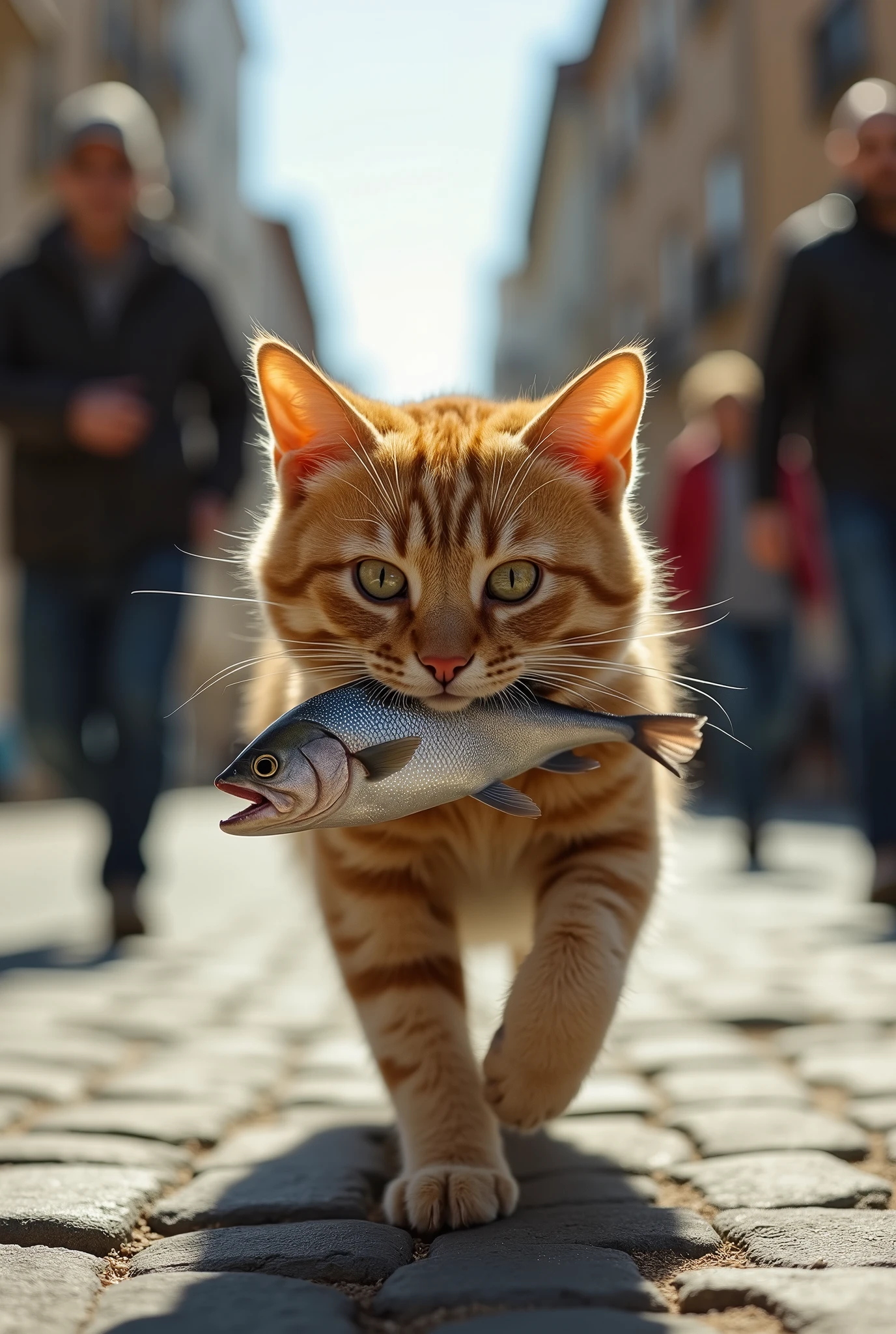 (photorealism:1.2), beautiful cat, running in street, a fish in mouth, a disperate man chasing the cat, street full of people, detailed features, ultra realistic,