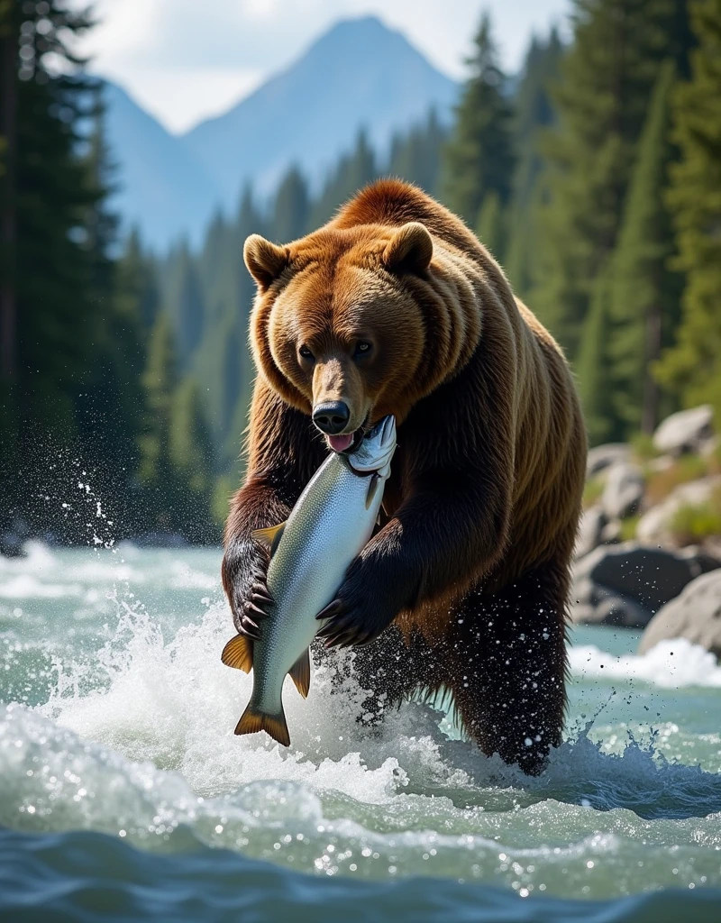A powerful bear standing in a rushing river, catching a fish with its strong jaws. The water splashes around as the bear secures its catch, with the surrounding forest and mountains visible in the background. The scene is filled with the raw energy of nature, as sunlight filters through the trees, highlighting the bear's fur and the silvery scales of the fish.