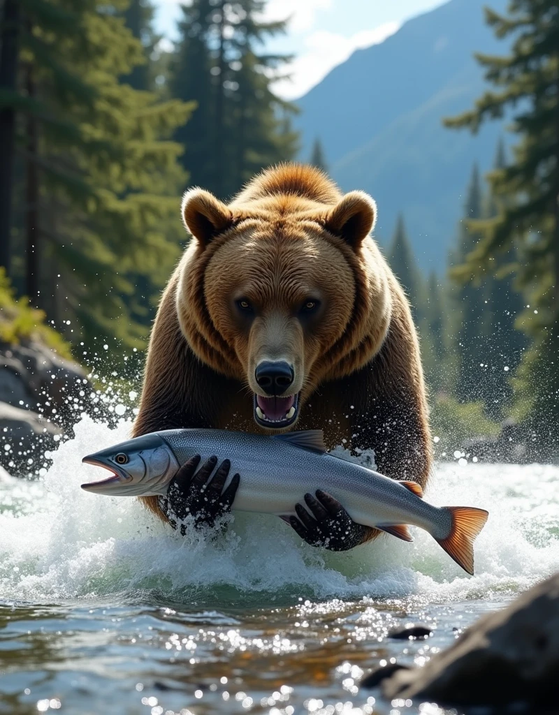 A powerful bear standing in a rushing river, catching a fish with its strong jaws. The water splashes around as the bear secures its catch, with the surrounding forest and mountains visible in the background. The scene is filled with the raw energy of nature, as sunlight filters through the trees, highlighting the bear's fur and the silvery scales of the fish.