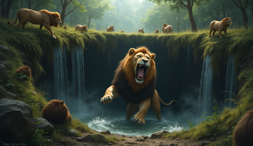 The lion shouted, "Help me out! Help me out!" but the rabbit and the other animals did not come to his aid. The lion tried very hard, but he could not get out of the pit.