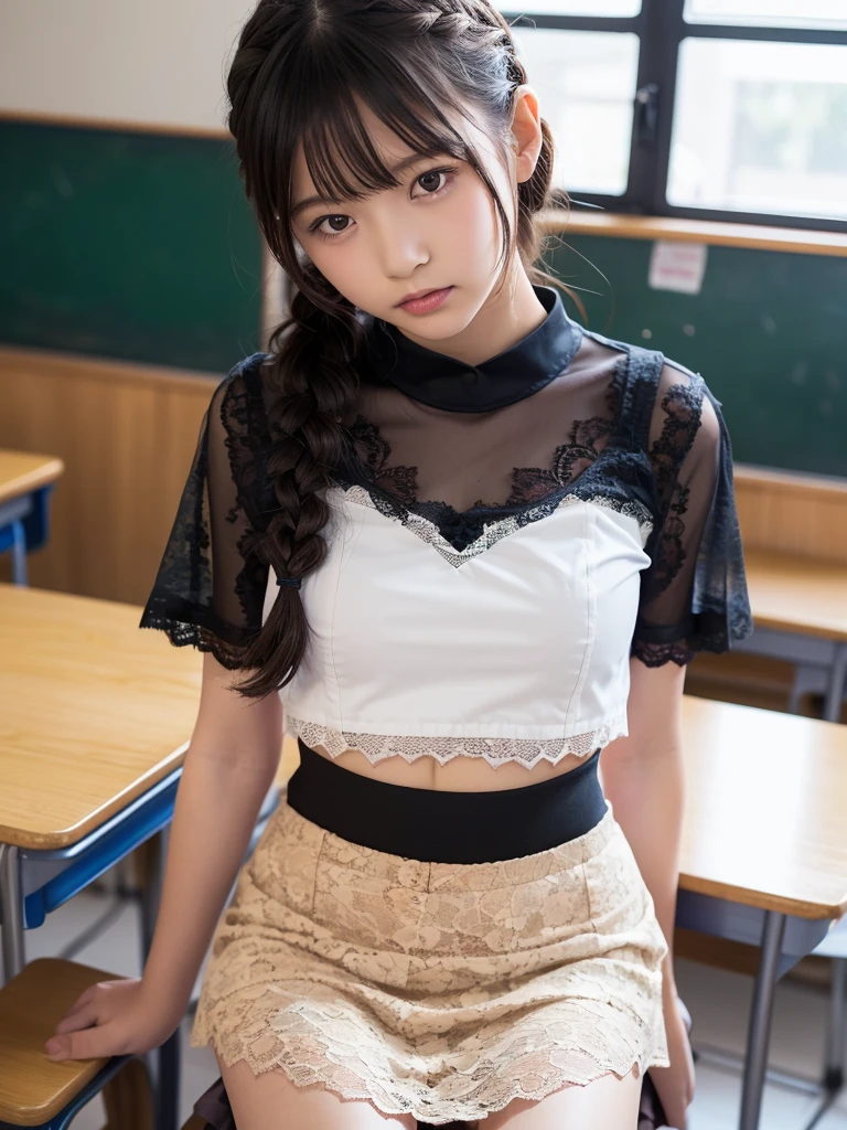 (Primary school students:1.2)、(Small breasts)、(Tight short-sleeved lace blouse)、(Lace mini skirt:1.5)、Braid、My belly is visible