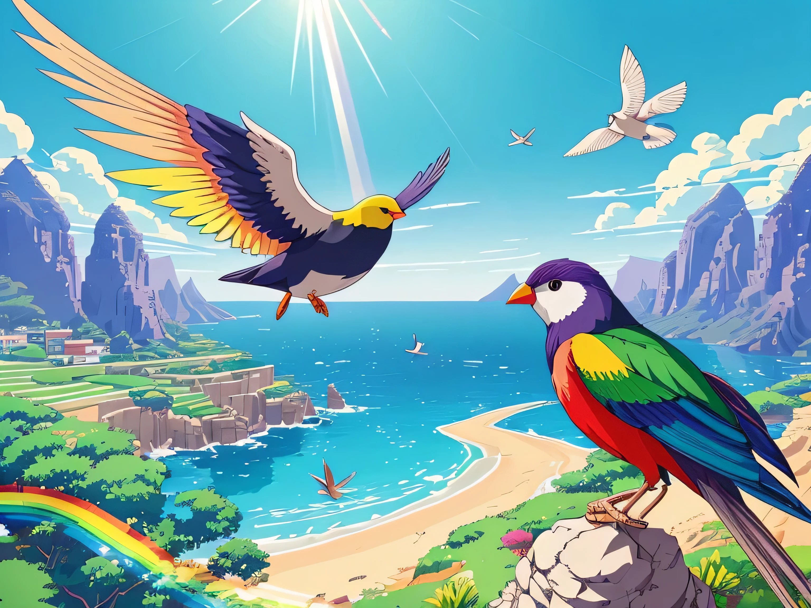 
anime、デジタルanimeアート、Flat Design,(masterpiece:1.2)、high quality、High resolution、Very detailed、(Amazingly absurd:1.2)、break,Bird with rainbow feathers、Colorful background、Beautiful light effect、Wonderful landscape