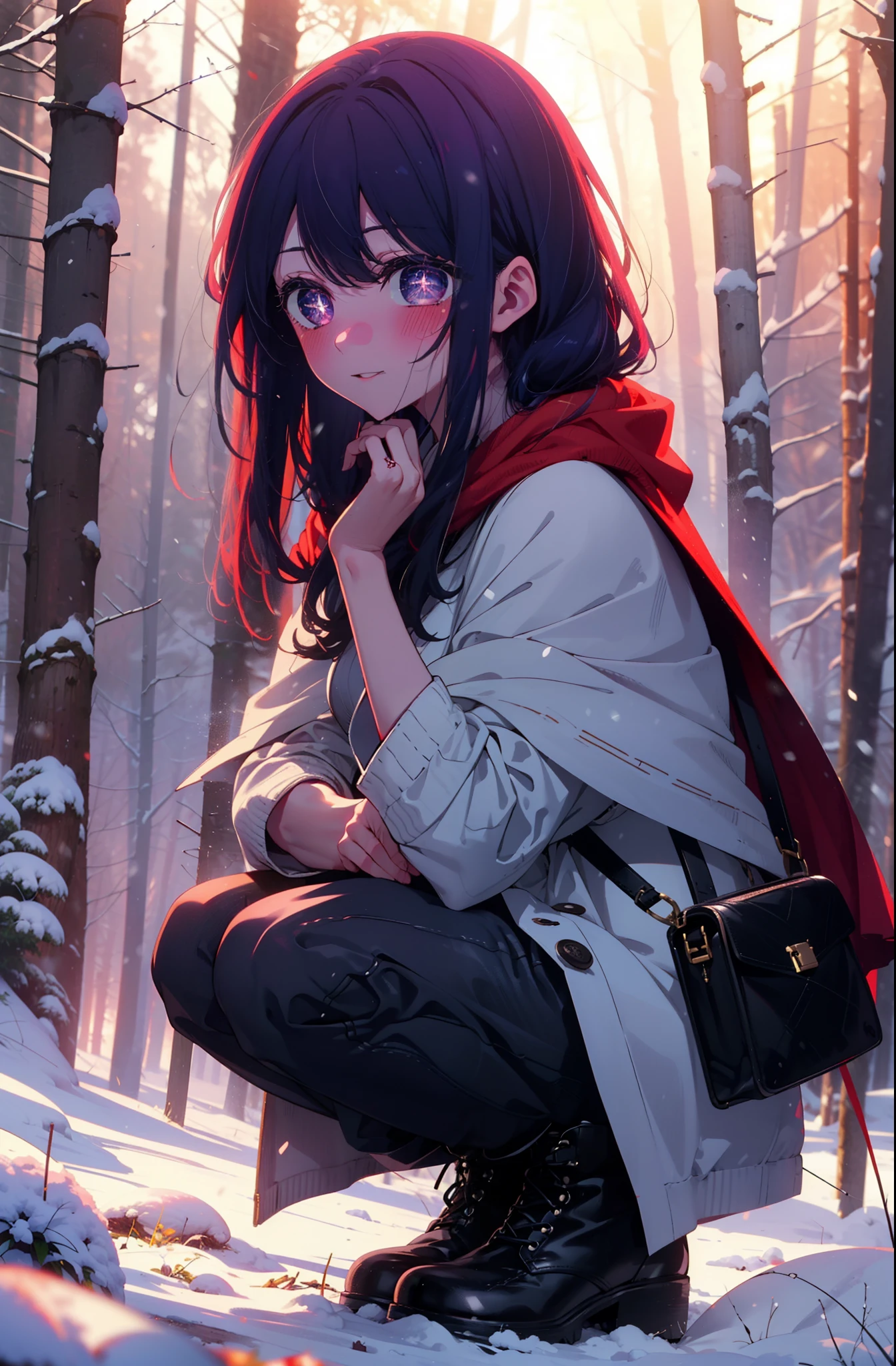aihoshino, Ai Hoshino, Long Hair, bangs, (Purple eyes:1.1), Purple Hair, (Symbol-shaped pupil:1.5), smile,,smile,blush,white breath,
Open your mouth,snow,Ground bonfire, Outdoor, boots, snowing, From the side, wood, suitcase, Cape, Blurred, , forest, White handbag, nature,  Squat, Mouth closed, Cape, winter, Written boundary depth, Black shoes, red Cape break looking at viewer, Upper Body, whole body, break Outdoor, forest, nature, break (masterpiece:1.2), Highest quality, High resolution, unity 8k wallpaper, (shape:0.8), (Beautiful and beautiful eyes:1.6), Highly detailed face, Perfect lighting, Extremely detailed CG, (Perfect hands, Perfect Anatomy),