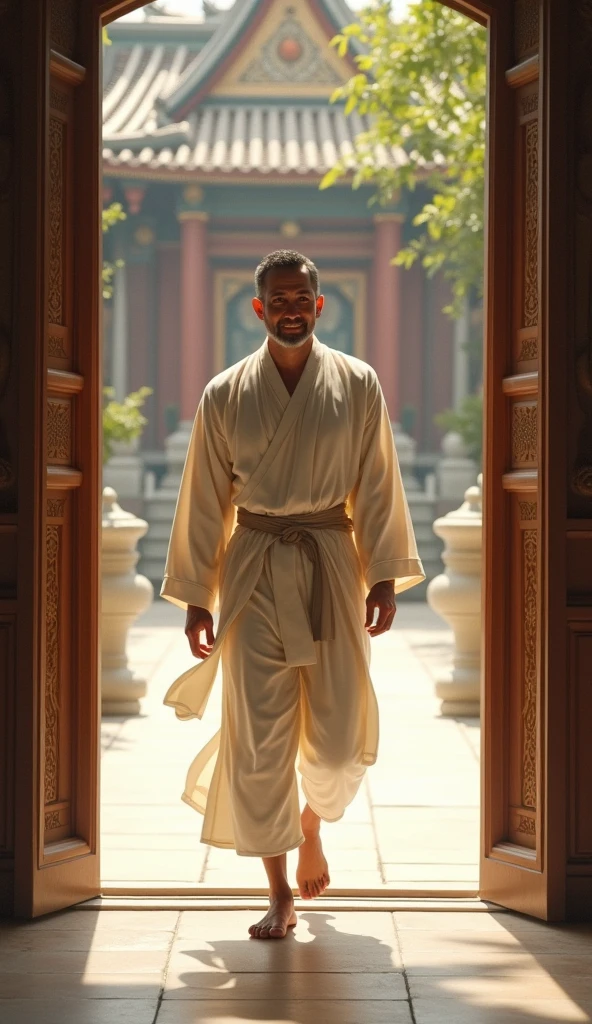 The man leaving the temple, smiling peacefully.
The man is wearing a off-white clothes and have black hair and he is 40 years old and is clean shaved