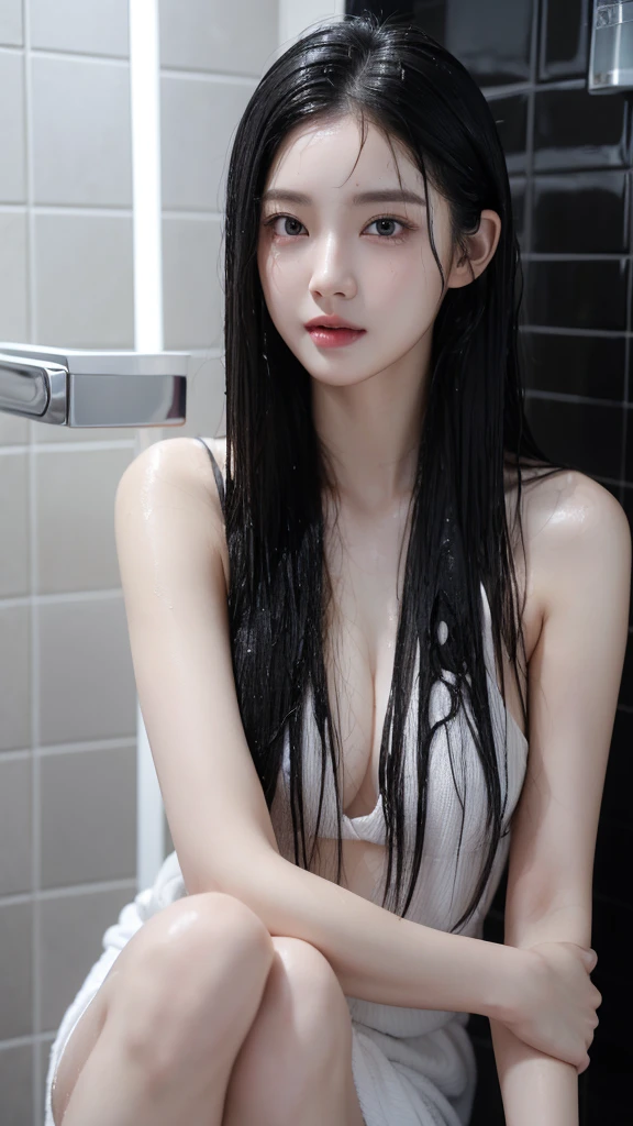 ((Wet hair after shower:1.3)), ((Bathroom shower booth)), ((Look at the camera with a slight smile)), ((long black hair:1.3)), tired expression, Intentional quality, very detailed 티커 통합 8k, 1 girl, korean girl, very beautiful face, (photo realistic:1.4),(masterpiece, 4K, 최Intentional quality, very detailed), photo현실적인 eyes, very detailed 얼굴, detailed lips, Ordinary Hand, shiny lips, glossy face, pale milky white porcelain skin, smooth translucent white skin, skin care brand photo shoot, Woman with porcelain skin