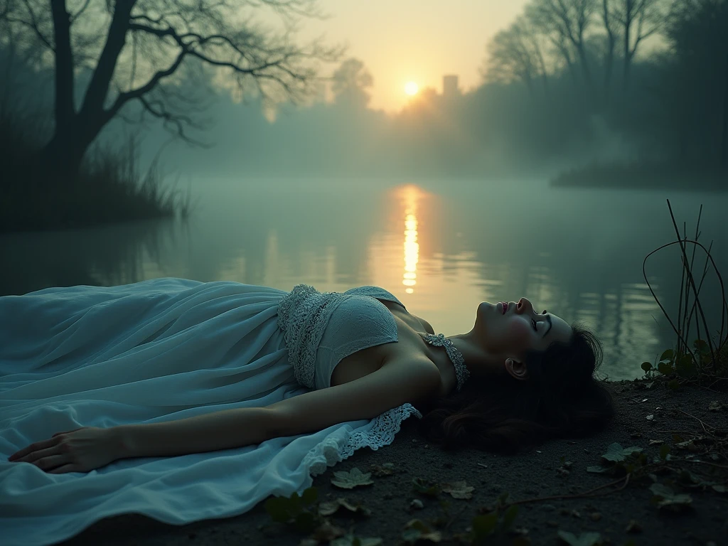 A riverbank at dawn, shrouded in mist. The body of the other woman lies on the ground, her face twisted in a final expression of horror. Around her neck is the delicate lace from the bride’s gown, tied tightly in a deadly knot. The rising sun tries to break through the mist, casting long shadows over the scene, but the light only serves to heighten the eerie atmosphere.