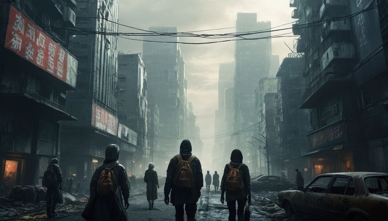 Night，night，People walking on the city street with tall buildings, FOGgy dystopian world, post apocalyptic city streets, Dystopian digital concept art, Post-apocalyptic atmosphere, Dystopian Sci-Fi Doomsday, post apocalyptic city, in a post apocalyptic city, The story is set in post-apocalyptic Tokyo., Post apocalyptic streets, A post-apocalyptic New York, post apocalyptic city, Octane Rendering. FOG, An abandoned dystopian city